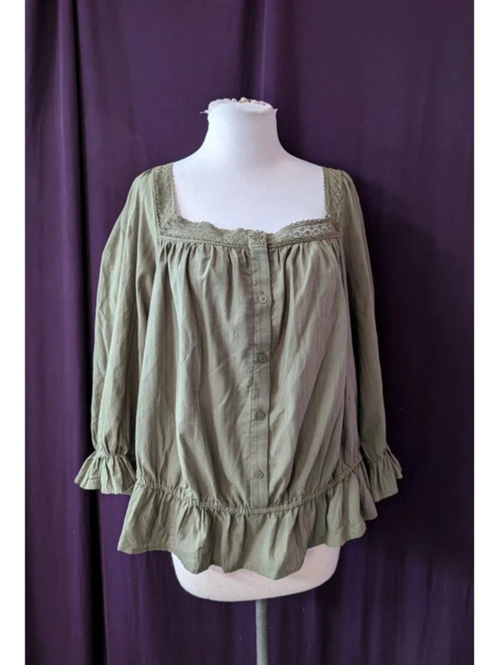 Torrid 2 Olive Green Cotton Peasant Top 2X XXL